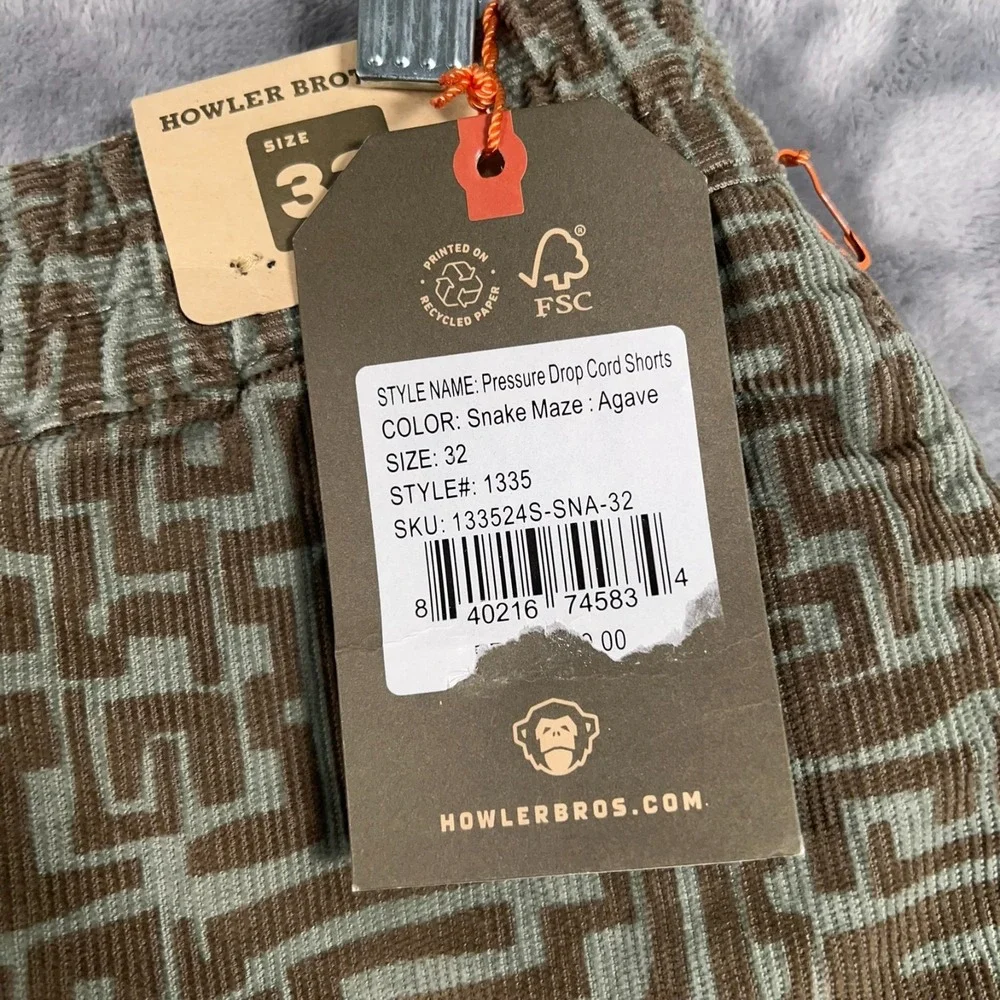 Howler Brothers Bros Pressure Drop Corduroy Shorts Mens 32 New Green Snake Maze